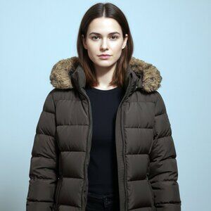 CALVIN KLEIN Stylish Womens Brown Puffer Jacket Small (S) Faux Fur Hood LIKE NEW